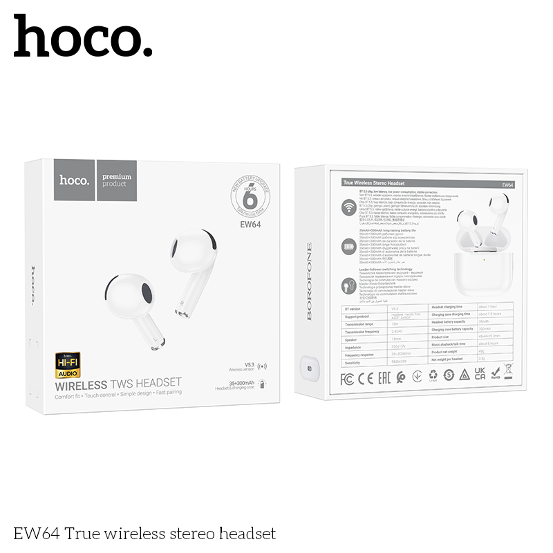 Tai nghe bluetooth V5.3 True Wireless Hoco EW64, 2 tai có doc sạc, không có nút cao su kiểu dáng pro3 [BH: 1 NĂM]