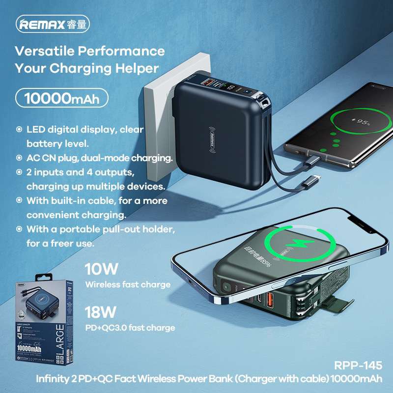 Pin sạc nhanh 18W sạc không dây REMAX RPP-145 10.000mAh PD QC3.0 kèm cáp liền pin chính hãng cho iPhone 11 12 13 [BH 1 năm]