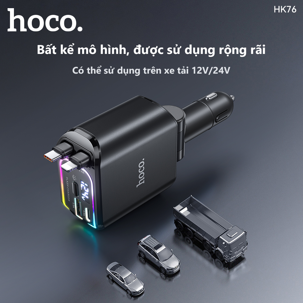 Cóc sạc nhanh xe hơi ô tô 80w HOCO HK76 Tomahawk 1 cổng Type C + 1 cổng USB kèm cáp liền chui Type C + chui iPhone chính hãng [BH 1 năm]
