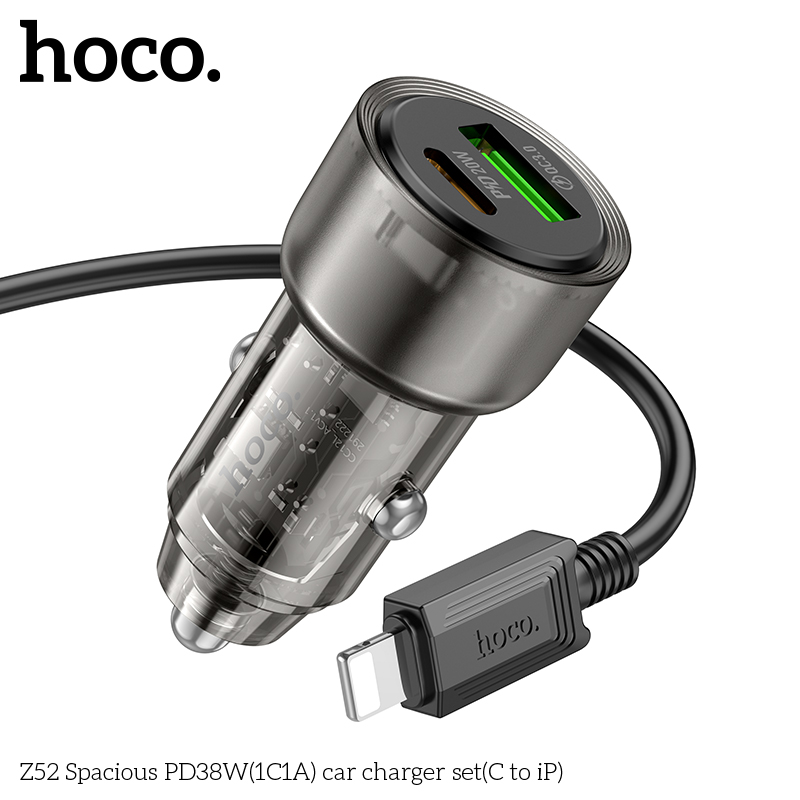 Bộ sạc nhanh cho xe hơi 38W HOCO Z52 cáp Type C to iPhone (1 cổng Type C PD + 1 cổng USB) chính hãng [BH 1 NĂM]