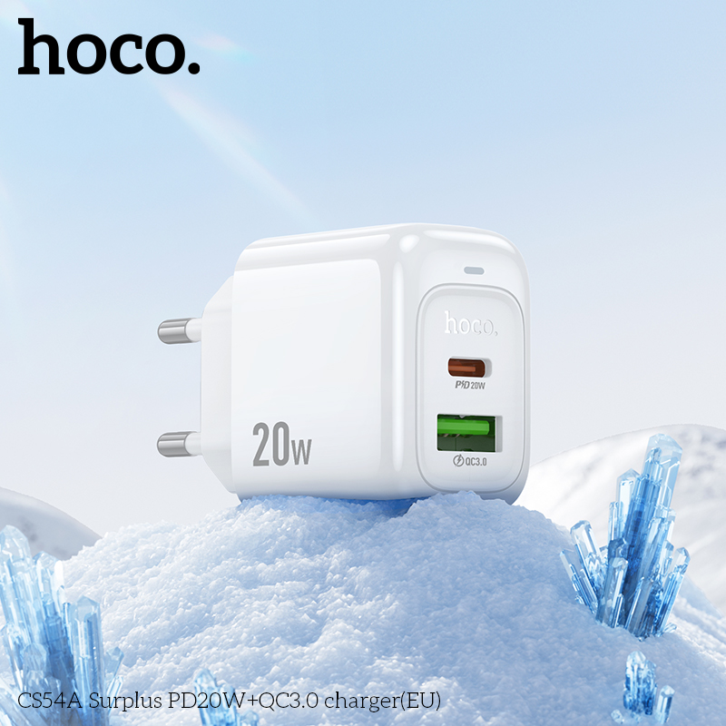 Cóc sạc nhanh 20W HOCO CS54A chân tròn (EU) (1 cổng Type C PD20W + 1 cổng USB QC3.0) chính hãng [BH 1 Năm]