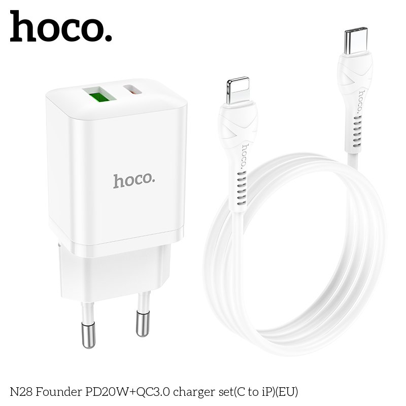 Bộ sạc nhanh 20W HOCO N28 c-l cóc 2 cổng (1 cổng type c 1 cổng usb) kèm cáp Type C ra Iphone chính hãng [BH 1 Năm]