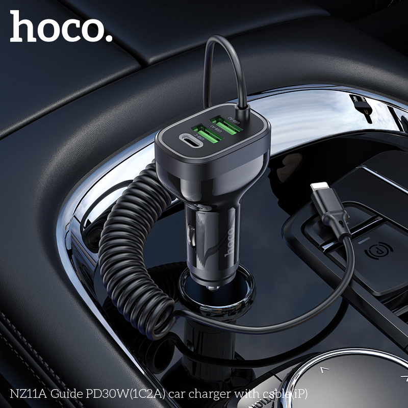 Bộ sạc cho xe hơi 30W HOCO NZ11A cáp iPhone (1 cổng Type C PD + 2 cổng USB) chính hãng [BH 1 NĂM]