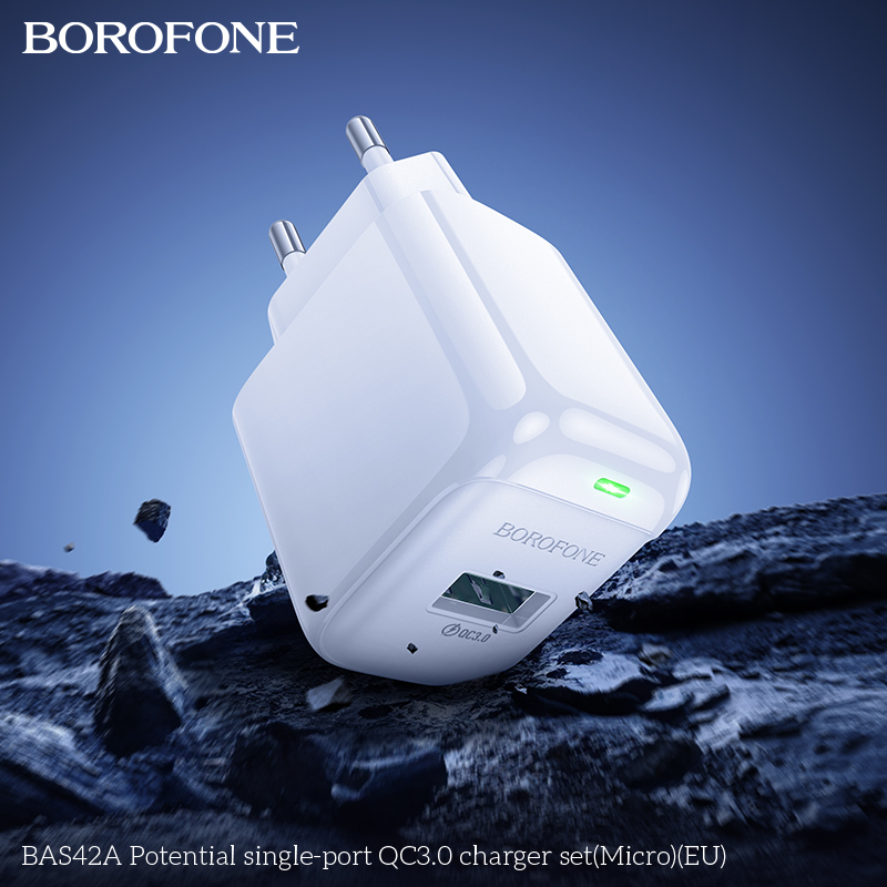 Bộ sạc 18W BOROFONE BAS42A (cóc 1 cổng USB, cáp USB ra Micro) (EU) có báo đèn LED chính hãng [BH 1 năm]