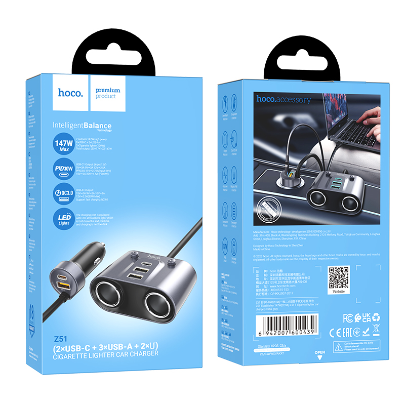 Cóc sạc nhanh xe hơi Hoco Z51 đa năng gồm 3 cổng usb 2 cổng Type C 147W (PD/QC/FCP/AFC) chính hãng [BH: 1 NĂM] / pktn sale