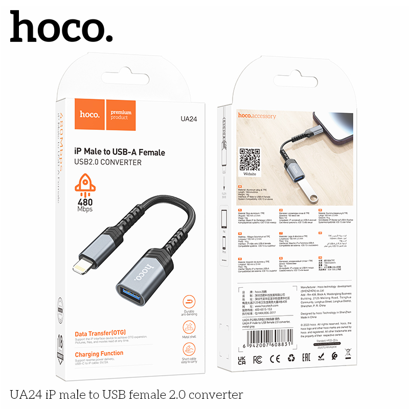 Jack chuyển đổi HOCO UA24 iPhone Lightning ra USB OTG chính hãng [BH 1 năm]