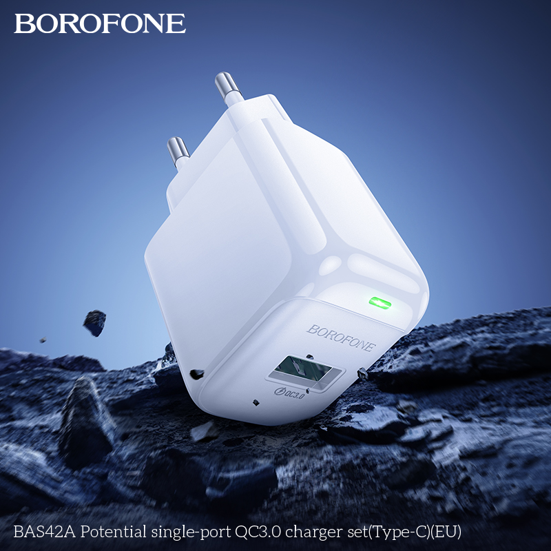 Bộ sạc 18W BOROFONE BAS42A (cóc 1 cổng USB, cáp USB ra Type C) (EU) có báo đèn LED chính hãng [BH 1 năm]