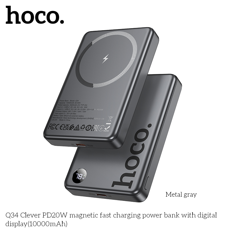 Pin sạc nhanh 20w + sạc không dây từ tính 15w HOCO Q34 10.000mAh sạc dự phòng có màn hình LED chính hãng [BH 1 năm]