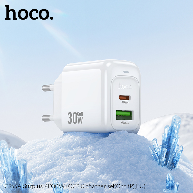 Bộ sạc nhanh 30W HOCO CS55A (Cóc 1 cổng USB QC 3.0 + 1 cổng Type C PD30W, Cáp Type C ra iPhone Lighting) (EU) báo đèn LED chính hãng [BH 1 năm]