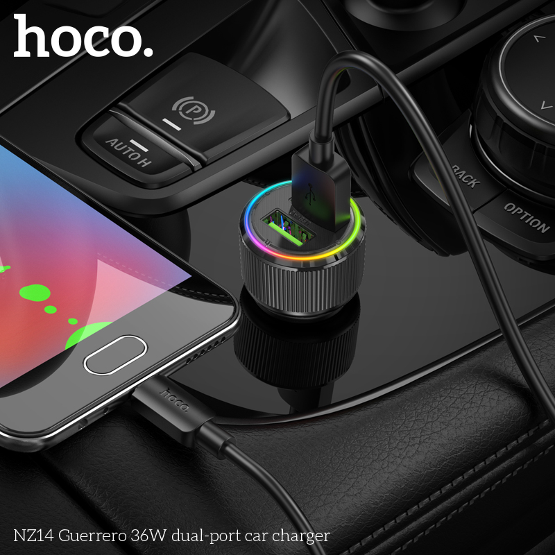 Cóc sạc nhanh 36W cho xe hơi Hoco NZ14 (2 cổng USB) đèn LED chính hãng [BH 1 năm]
