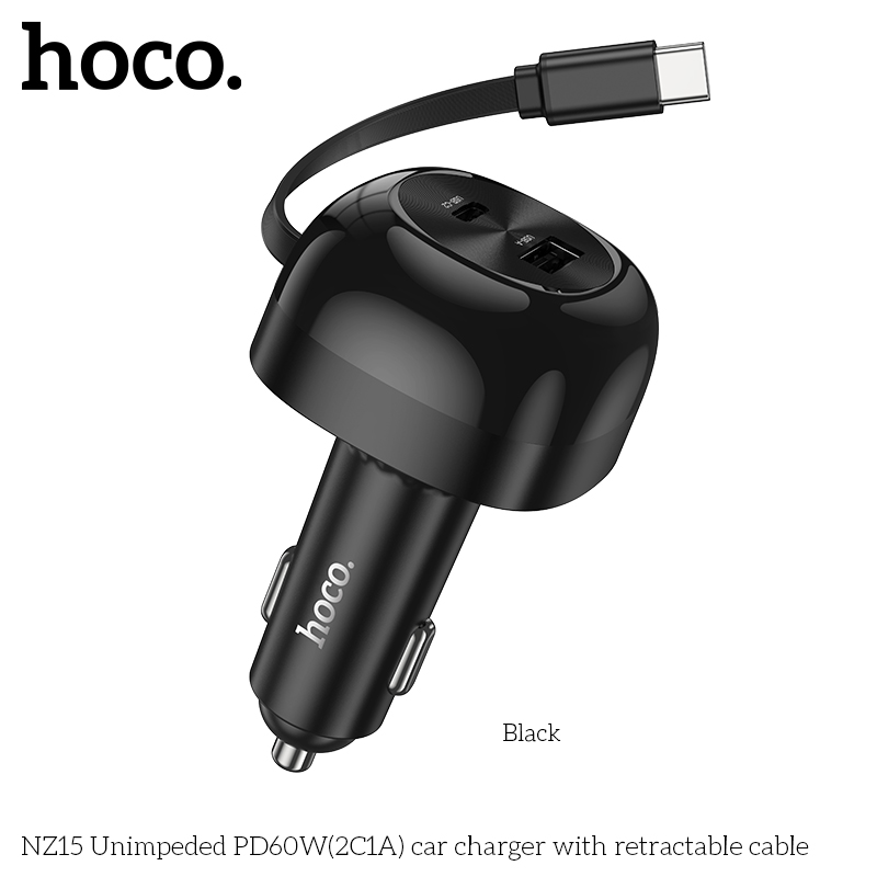 Bộ sạc nhanh 60W dây rút xe hơi Hoco NZ15 tẩu ô tô 2 cổng Type C + 1 cổng USB chính hãng  [BH 1 Năm]