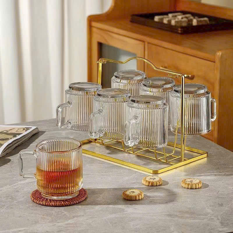 Hộp 6 ly thủy tinh kẻ sọc  9165 có quai cầm 340ml siêu sang [BH: NONE]