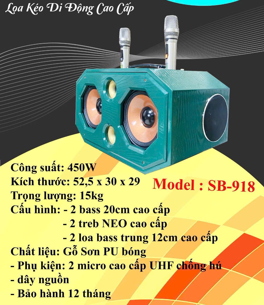 Loa bluetooth Karaoke xách tay SB-918 loa gỗ sơn PU bóng siêu đẹp kèm 2 mic UHF chống hú