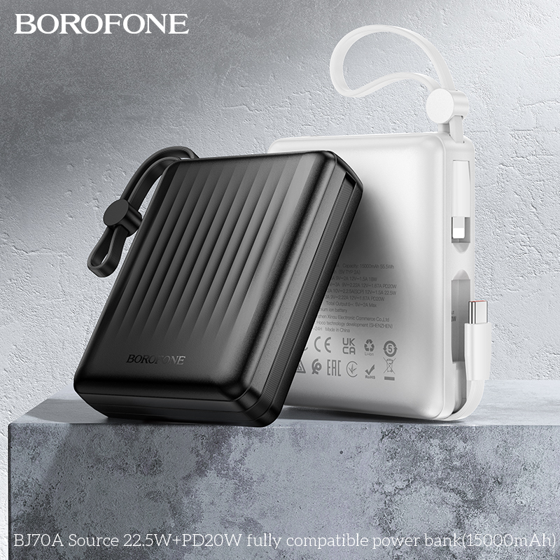 Pin sạc nhanh 22.5w+PD20W BOROFONE BJ70A 15.000mAh sạc dự phòng kèm cáp liền pin chui Type C + chui iPhone có màn hình LED chính hãng [BH 1 năm]