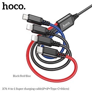 Cáp sạc nhanh 2A Hoco X76 4 đầu đa năng 4in1 2L ( 2ip+ 1 micro+ 1 type c)[BH: 1 năm]