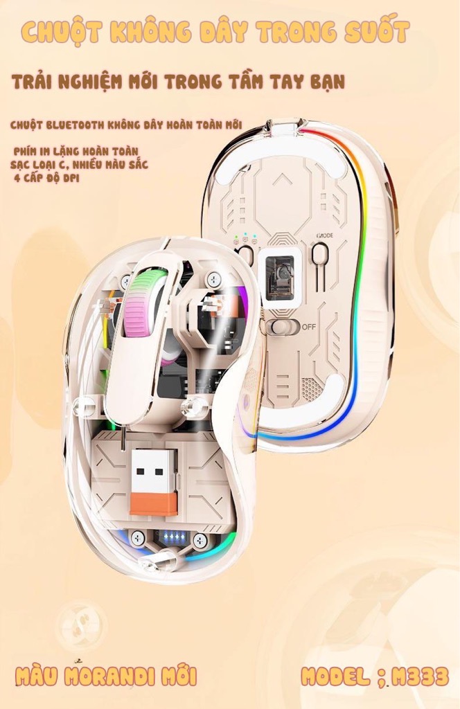 Chuột không dây F-Mouse FM333 trong suốt Silent, 3 chế độ