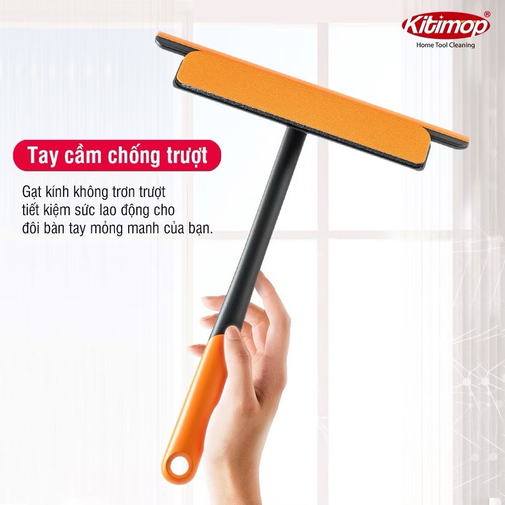 Cây lau kính 3in1 kèm thanh silicon gạt nước phối 2 màu Cam đen, tay cầm chống trượt, xoay 360 độ [BH: None]