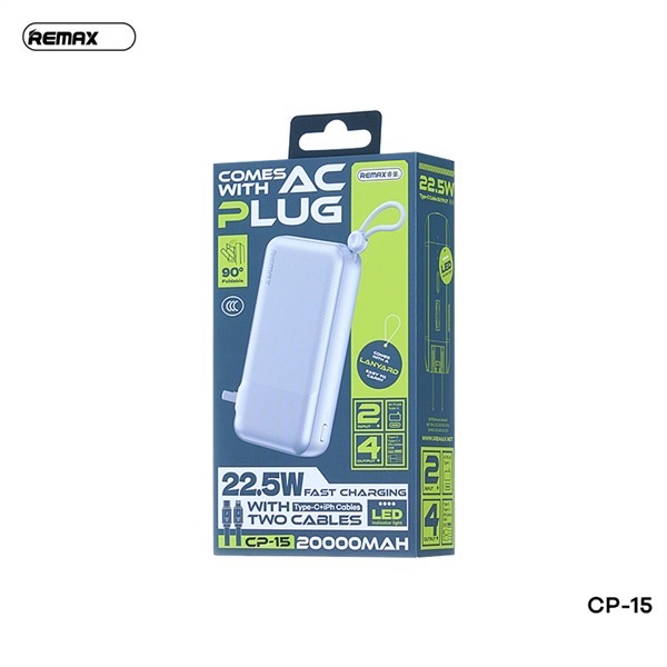 Pin sạc nhanh 22.5w REMAX CP-15 20.000mAh dự phòng kèm cáp liền pin, chấu ghim sạc ổ điện chính hãng QC3.0 PD [BH 1 năm]