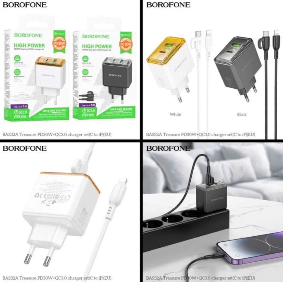 Bộ sạc nhanh 30w BOROFONE BAS32A (C-L) cóc 1 cổng usb vs 1 cổng Type C kèm cáp Type C ra Iphone (C-L) chính hãng [BH 1 Năm]