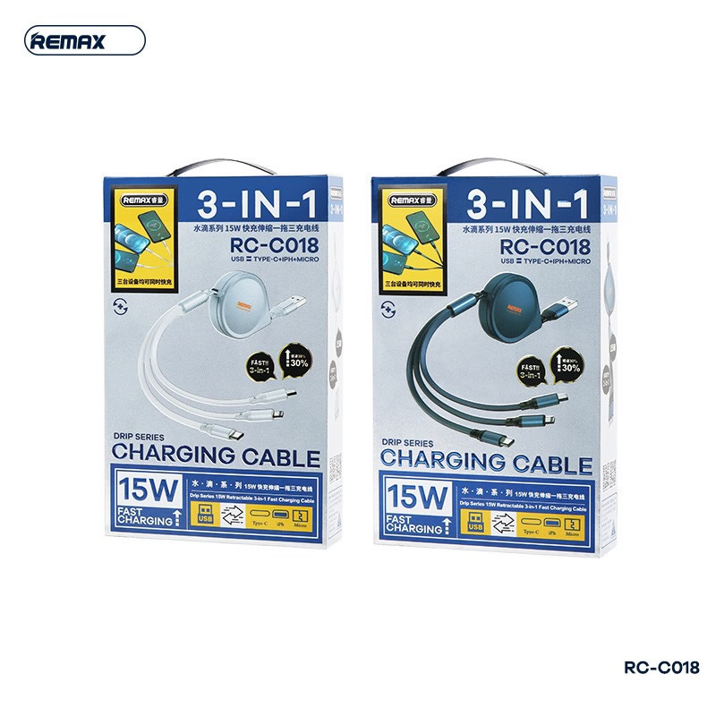 Cáp sạc nhanh 15w Remax 3 đầu RC-C018 dây rút đa năng chính hãng [BH 1 Năm] / pktn sale