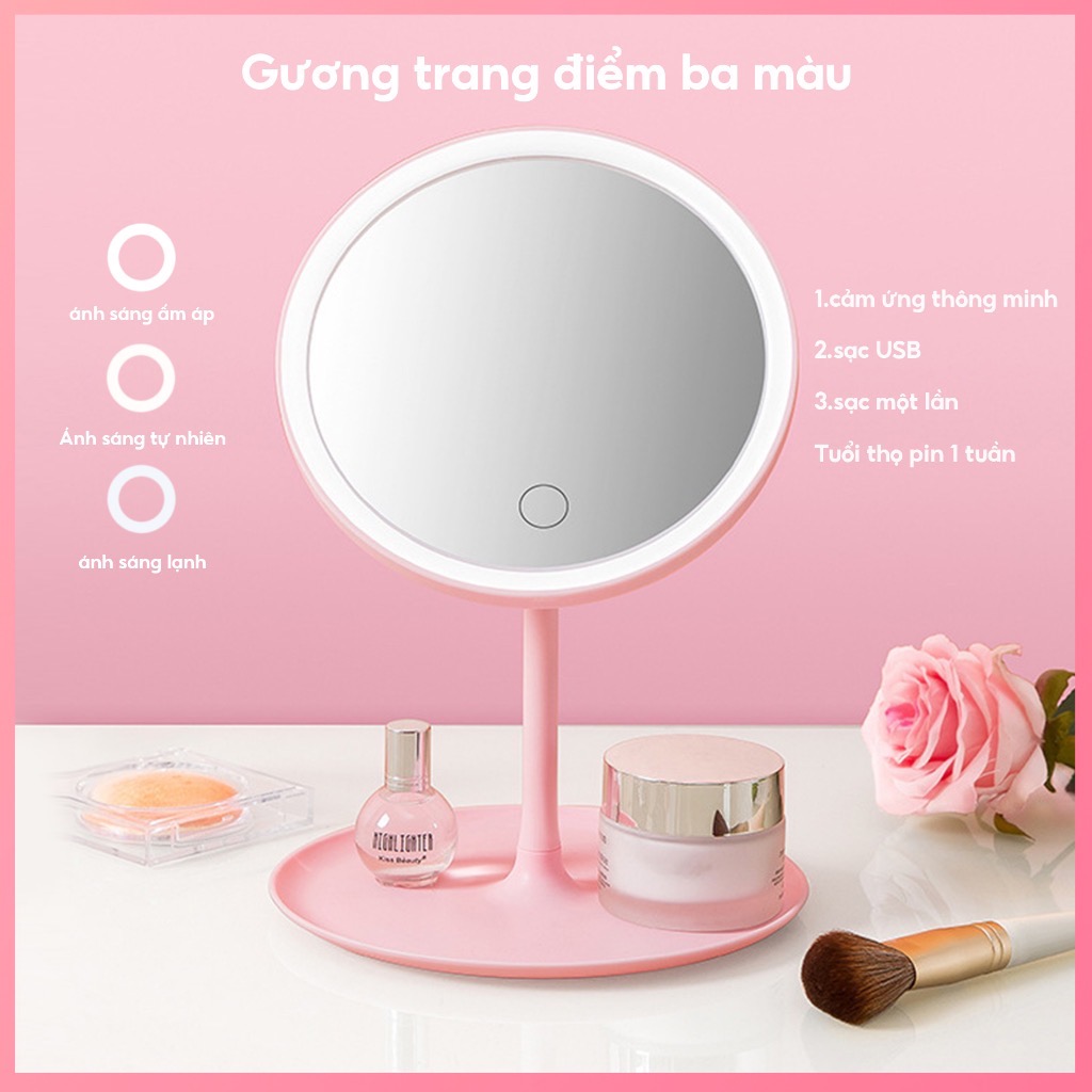 Gương trang điểm để bàn tròn có đèn led thay đổi màu 1 lần chạm [BH: Test]
