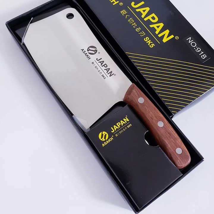 Dao chặt xương, chặt gà, chặt dừa nhà bếp đa năng Nhật Asakh SK5 918 cán gỗ, lỗ tròn treo dao Japan