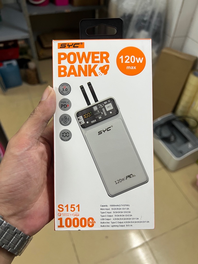 Pin sạc dự phòng sạc nhanh 120W SYC 151, dung lượng 10.000mAh có màn hình hiển thị % pin kèm 2 dây cáp liền thân [BH: 1 Năm]