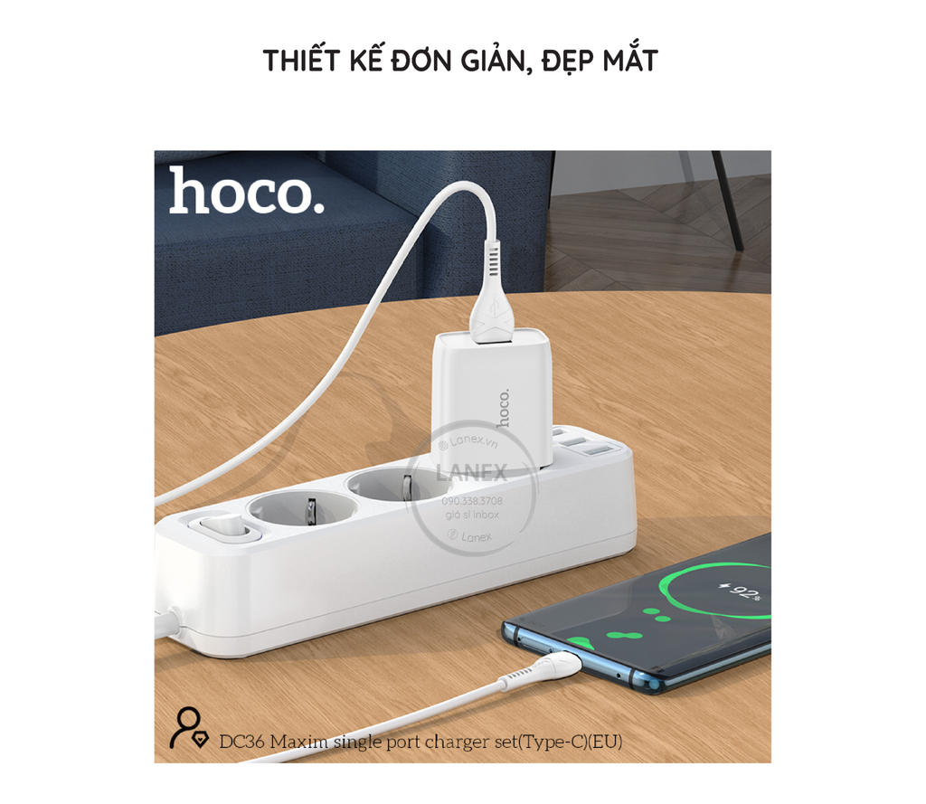 Bộ sạc nhanh 2.4A EU Hoco DC36 Type c (cóc 1 cổng usb+ cáp 1 cổng usb ra type c) chính hãng [BH: 1 NĂM]