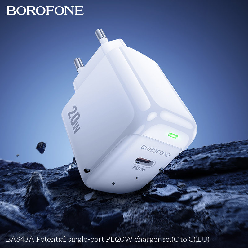 Bộ sạc nhanh 20W BOROFONE BAS43A (cóc 1 cổng Type C, cáp Type C ra Type C) (EU) có báo đèn LED chính hãng [BH 1 năm]