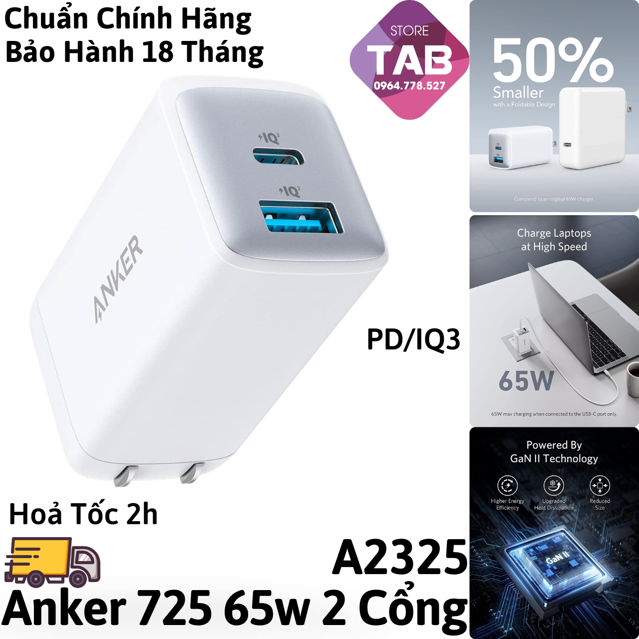 Cóc sạc nhanh 65w Anker 725/  A2325  (1 cổng type-c vs 1 cổng usb) chính hãng (trắng) [BH 1 năm]