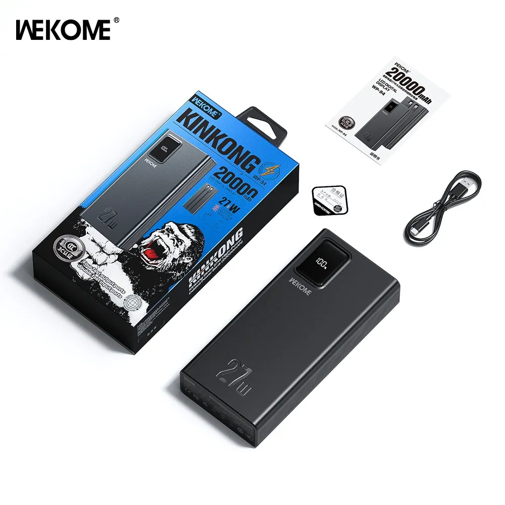 Pin sạc nhanh 27W WEKOME WP-94 KINGKONG 20.000mAh có màn hình hiển thị % kèm cáp liền thân pin chính hãng  [BH: 1 năm]