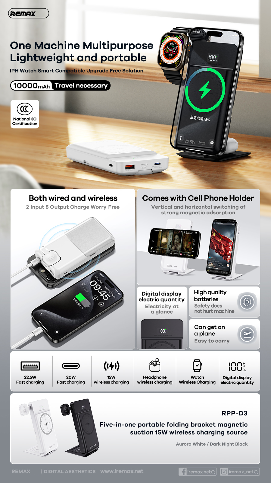 Pin sạc nhanh không dây 22.5w 5in1 REMAX RPP-D3 10.000mAh chính hãng (sạc điện thoại, airpods, đồng hồ apple watch,...) [BH 1 năm]