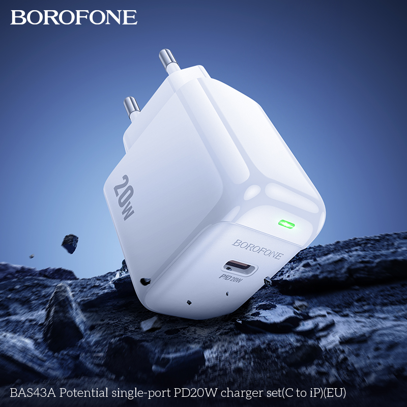 Bộ sạc nhanh 20W BOROFONE BAS43A (cóc 1 cổng Type C, cáp Type C ra iPhone) có báo đèn LED chính hãng [BH 1 năm]