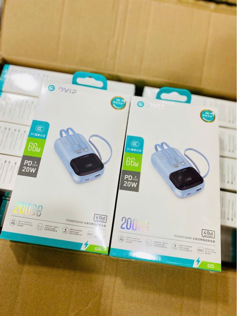 Pin sạc nhanh 66W DVIP DV-G25 20.000mAh có màn hình hiển thị % pin kèm 2 cáp liền thân, nhỏ gọn có dây đeo [BH: 6 THÁNG]