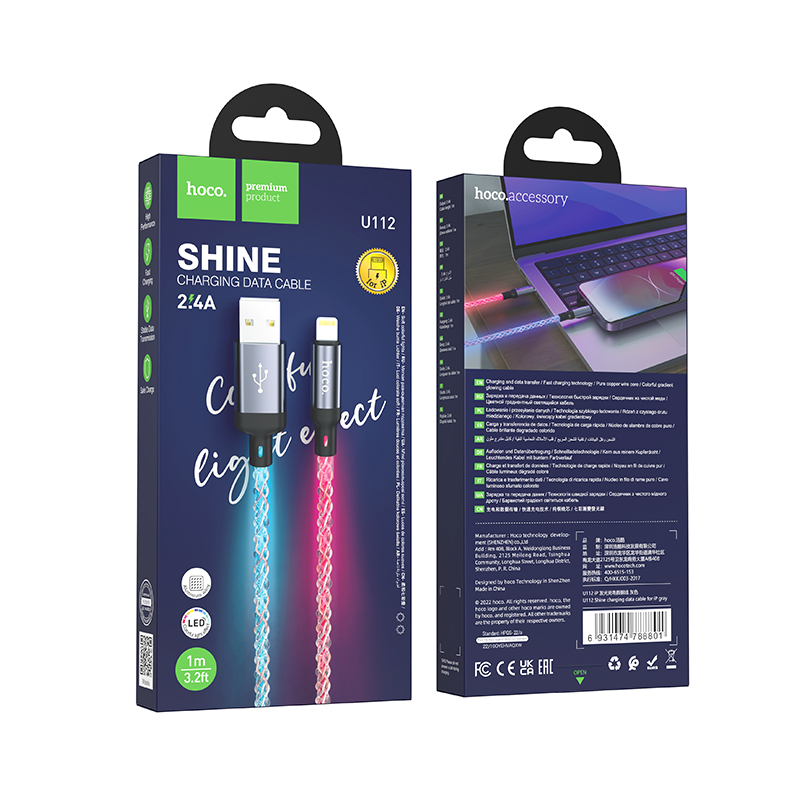 Cáp sạc nhanh dây led HOCO U112 usb ra iPhone Lightning 2.4A chính hãng [BH 1 năm]