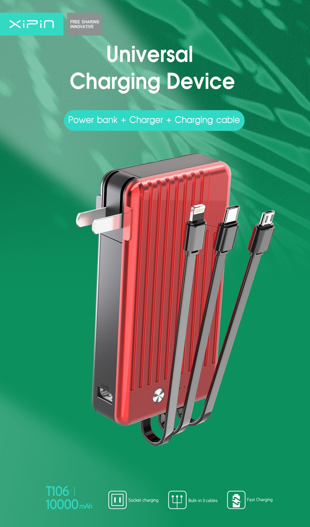 Pin sạc nhanh dự phòng XiPin T106 10.000mAh kèm cáp liền pin chính hãng [BH 6 tháng]