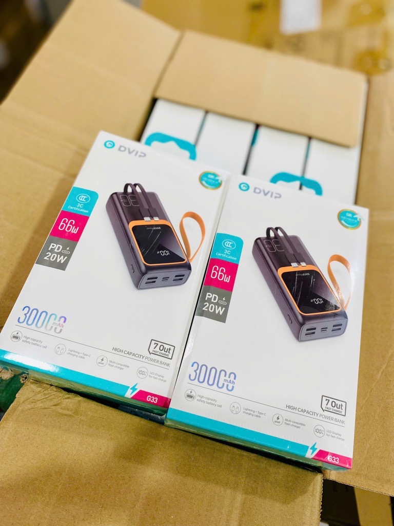 Pin sạc nhanh 66W DVIP DV- G33 30.000mAh có màn hình hiển thị % pin kèm 2 cáp liền thân, có dây treo [BH: 6 THÁNG]