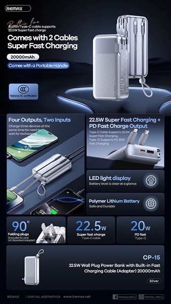 Pin sạc nhanh 22.5w REMAX CP-15 20.000mAh dự phòng kèm cáp liền pin, chấu ghim sạc ổ điện chính hãng QC3.0 PD [BH 1 năm]
