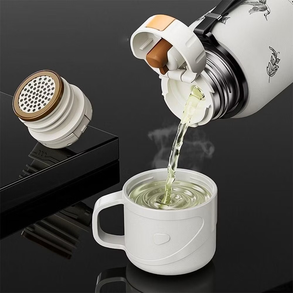 Hộp quà tặng bình giữ nhiệt 600ml kèm 3 ly hình Hoa sang trọng phối đen trắng [BH: NONE]