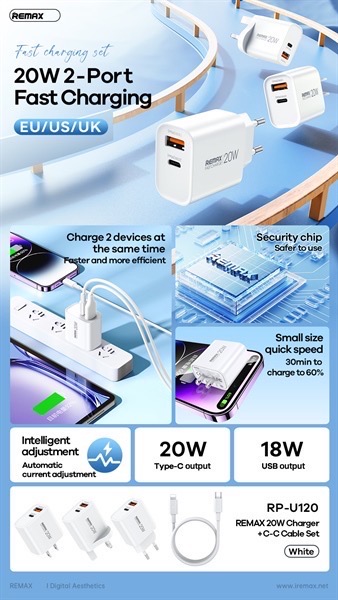 Bộ sạc nhanh 20w Remax RP-U120 US (C-C) cóc 1 cổng typec vs 1 cổng usb kèm cáp 2 đầu typec chính hãng [BH 1 Năm]