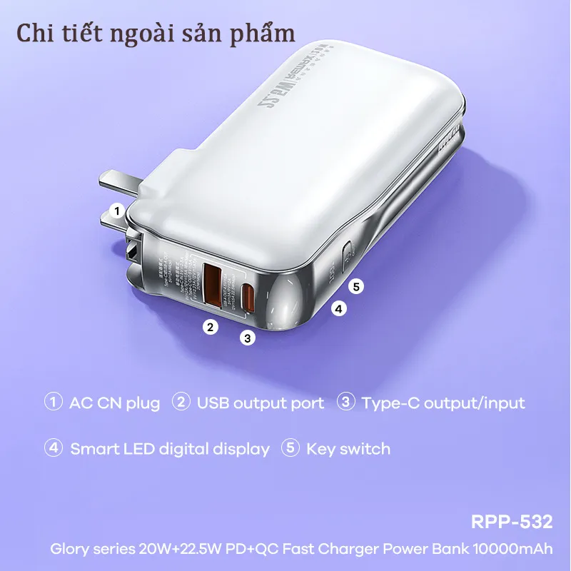 Pin sạc nhanh 22.5w REMAX RPP-532 10.000mAh dự phòng chính hãng PD QC3.0 [BH 1 năm]