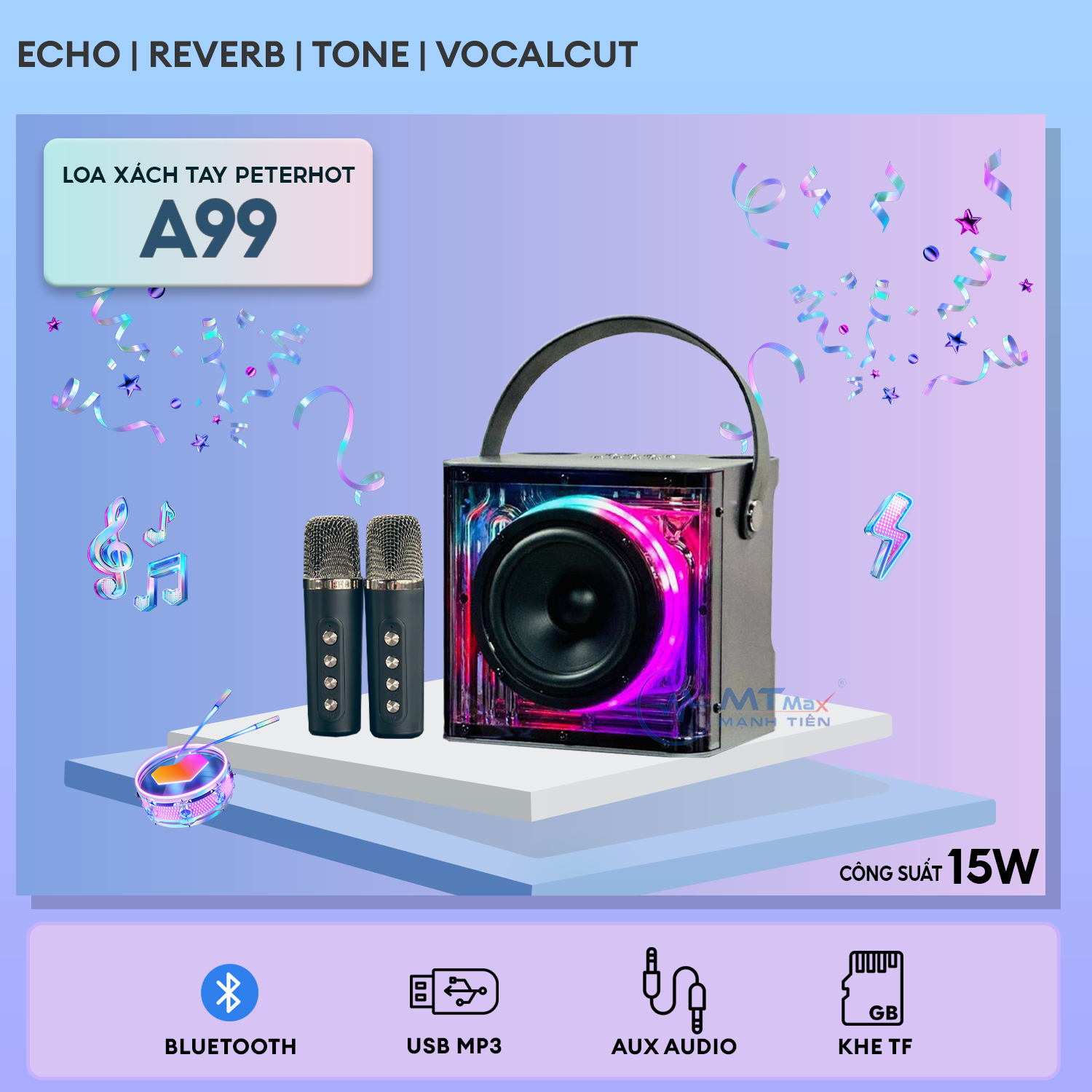 Loa bluetooth karaoke xách tay PETERHOT A99 công suất 15W có led siêu đẹp kèm 2 mic không dây chính hãng [BH 3 Tháng]