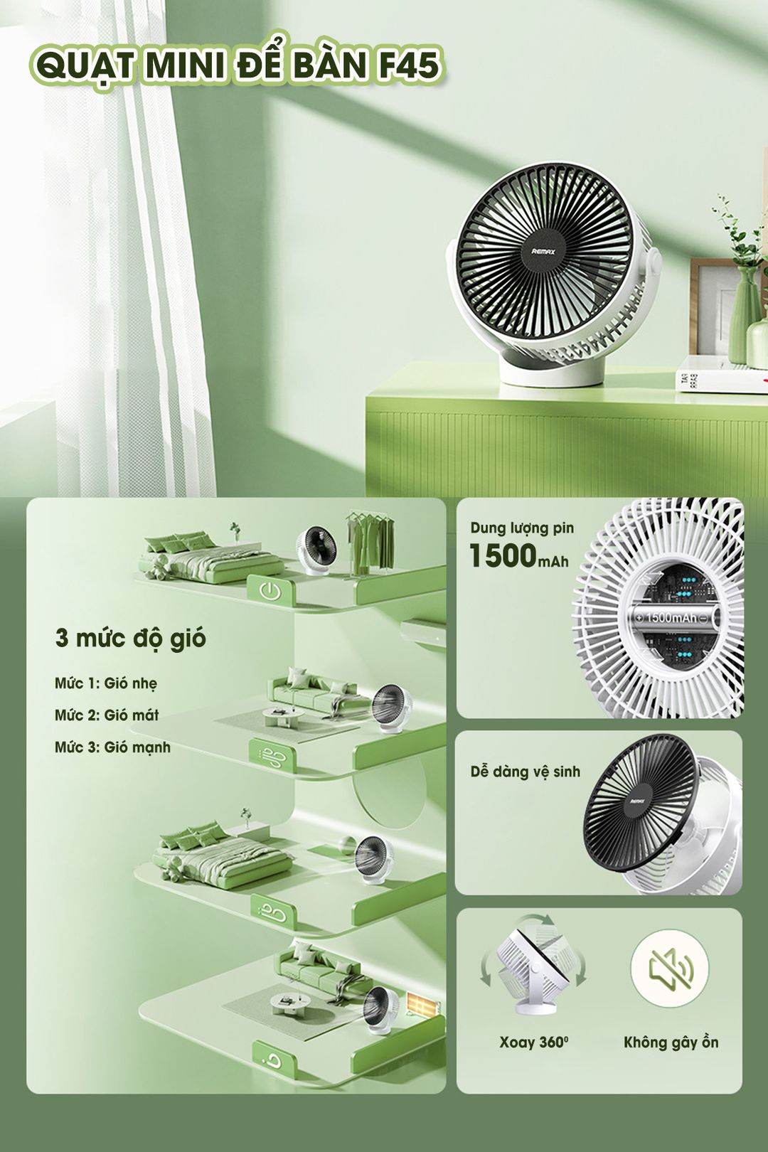 Quạt mini tích điện REMAX F45 sạc pin chính hãng [BH 1 năm]
