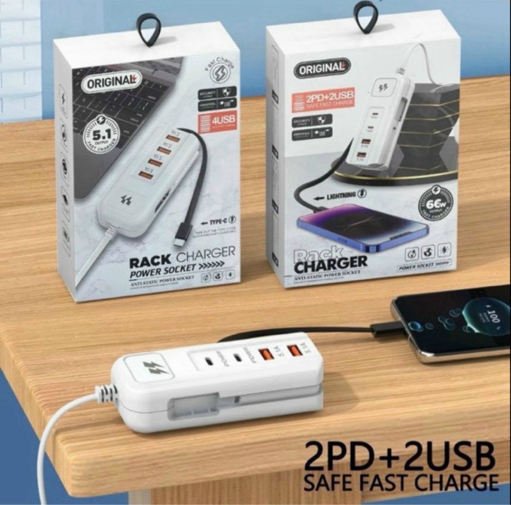 Cóc, ổ cắm sạc nhanh 66w Rack charger kèm cáp Type C liền thân, đa năng 5in1 tự ngắt khi đầy pin [BH: 1 tuần]