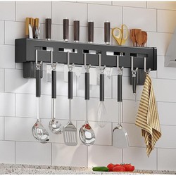 Kệ để dao thớt có chỗ cắm đũa muỗng kèm móc treo sạn, vá dán tường tiện dụng [BH: NONE]