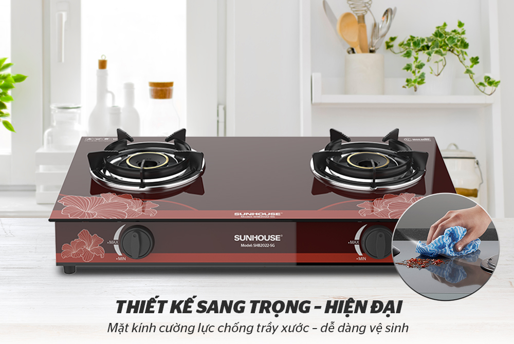 Bếp ga đôi SH2022 Tiết kiệm gas, thiết kế hoa đỏ sang trọng hiện đại [BH: 1 THÁNG]