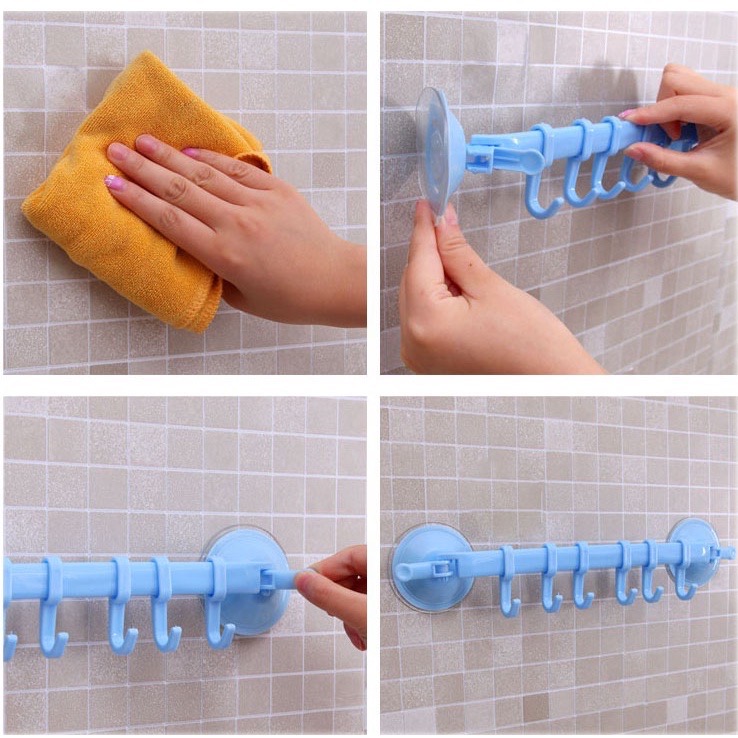 Móc treo quần áo, móc chìa khoá vật dụng hít tường đa năng 6 móc tiện lợi (chỉ màu hồng)
