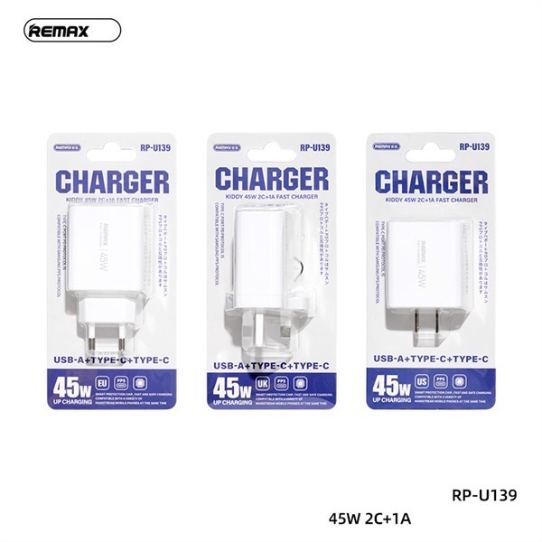 Cóc sạc nhanh 45w REMAX RP-U139 US chân dẹp (1 cổng usb, 2 cổng type-c) PD QC3.0 chính hãng [BH 1 năm]