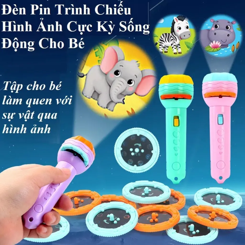 Đèn pin chiếu hình 3D full box kèm 10 thẻ 80 hình phát triển trí não cho bé / pktn sale