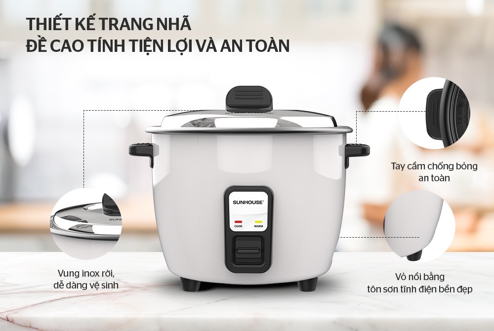 Nồi cơm điện Sun House nắp rời 1.8 lít thích hợp 4-6 người ăn